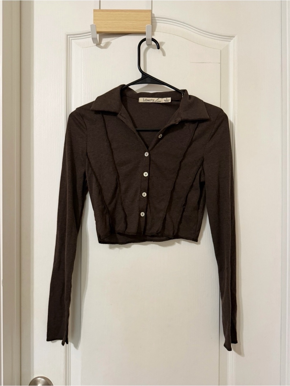 Liberty Love Brown Collared Button Crop Top